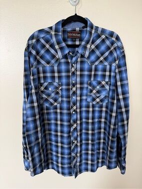 ROCK & ROLL COWBOY Blue Black White Plaid Pearl Snap Button Front Long Sleeve
